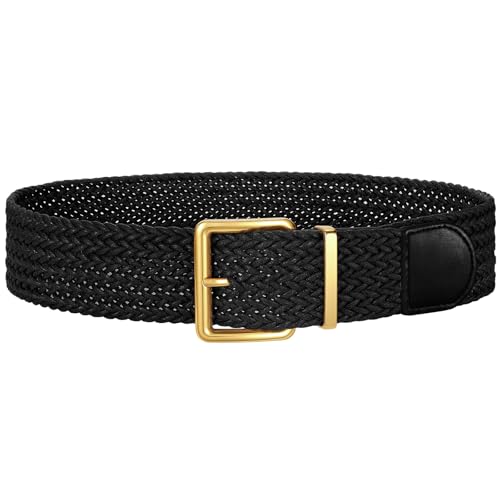 WHIPPY Women Wide Woven Belt Fashion Boho Rattan Braided Belt with Gold Buckle Raffia Straw Woven Waistband for Dresses - color: Black, size: Fit Waist Size 35"-39"