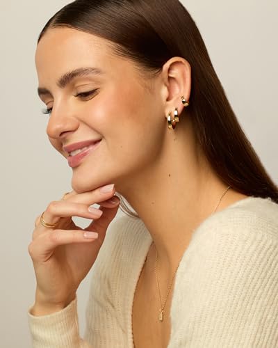 PAVOI 18K Gold Plated 925 Sterling Silver Posts Small Hoop Earrings for Women - Trendy Geometric Plain Chunky Huggie Earscape Piercing Pack - Hypoallergenic Everyday Gold Hoop Earrings Set - style: Wide