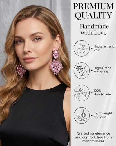 Silver Chandelier Earrings for Women Trendy, Oversized Big Crystal Rhinestone Statement Earrings Dangling Formal Pageant Earings Drag Queen Jewelry - color: Pink