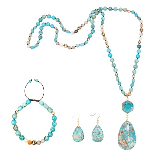 Boho Jewelry Sets for Women | 3 Pcs Natural Amethyst Labradorite Rose Quartz Beaded Long Necklace Wrap Bracelet Dangle Earrings Handmade Vintage - color: Turquoise