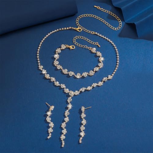 Bridal Wedding Jewelry Set Gold Silver Rhinestone Necklace Earrings Bracelet Set for Brides Bridesmaid Prom Costume Accessories - color: Gold