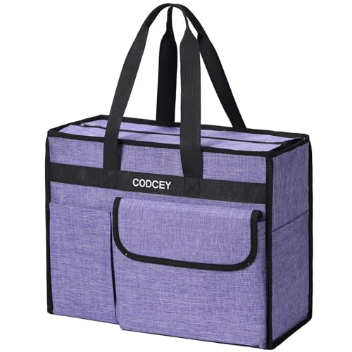 Large Utility Tote Bag with Reinforced Bottom, Waterproof Multi Pockets Beach Tote Bag for Travel, Work, School - color: Purple
