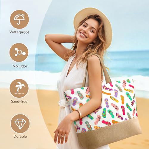 Trifabricy Beach Bag for Women, Large Beach Tote Bags with Zipper, Woven Straw Tote Waterproof, Swim Gym Shopping Travel Bag - color: Slippers