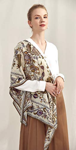 100% Silk Scarves, Extra-Large and XX-Large - color: Beanstalk, Creme With Taupe Trim