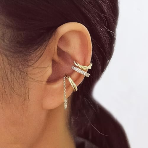 Gold Ear Cuff Earrings for Women Non Piercing 14K Gold Plated/Silver Cuff Clip On Cartilage Hoop Shining Cubic Zirconia Twisted Chain Ear Clip On Earring for Women Chunky Ear Cuffs Earrings - color: goldC