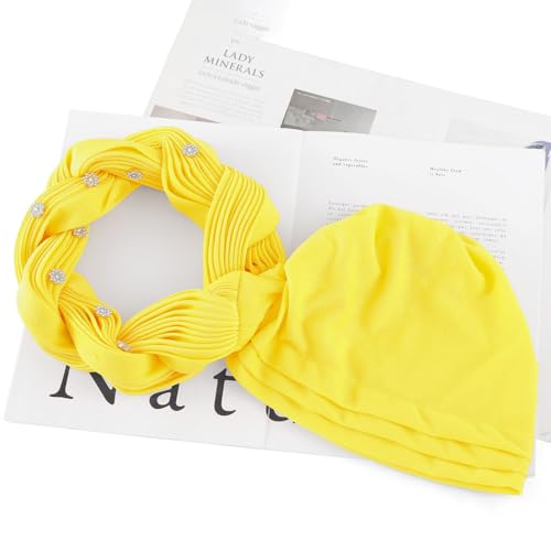 Woeoe Women African Turban Pre-Tied Twisted Beanie Cap Headwear Rhinestone Soft Stretchy Head Turbans - color: Yellow