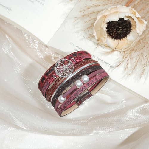 Leather Wrap Bracelet for Women, Boho Cuff Bracelet with Strong Clasp, Multi-Layer Crystal Leather Bracelet for Valentine Mother's Day - color: 02-Tree of Life-Burgundy