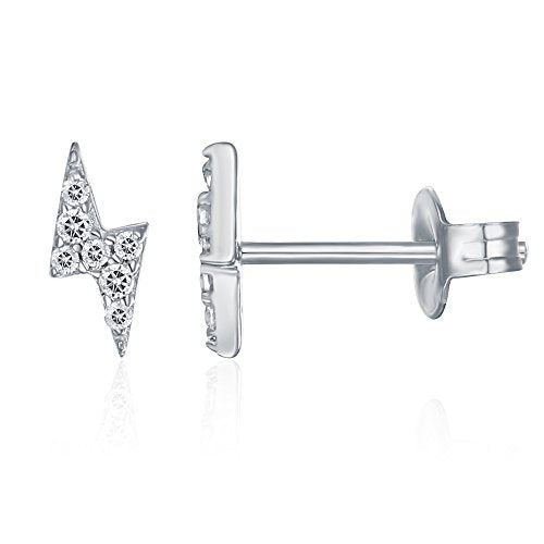 PAVOI 14K Gold Plated Dainty Stud Earrings for Women - 925 Sterling Silver Posts Earrings with Cubic Zirconia - Celestial Lightning Bolt, Moon, Star, and Flower Gold Jewelry Gifts - style: Lightning