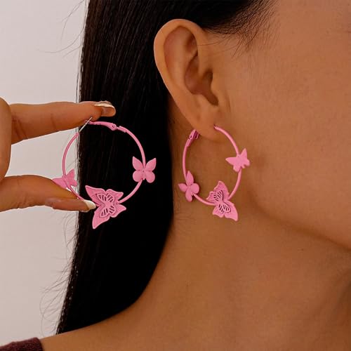 Kercisbeauty Polished Butterfly Big Hoop Earrings for Women Special Occasion Cute Jewelry - color: Pink