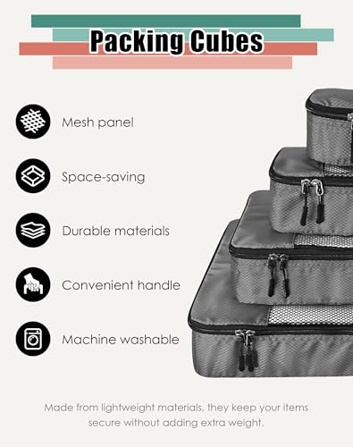 WTREE 4-Piece Packing Cubes Travel Accessories Set for Suitcases - Luggage Organizer Bags with Double Zipper - Mesh Top - Small/Medium/Large/Slim - Dark Grey - color: Dark Grey, size: Slim, Small, Medium, Large