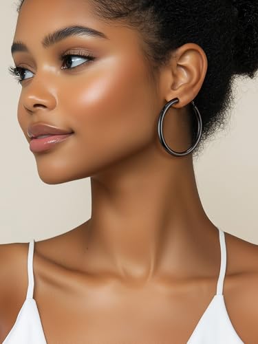 Stainless Steel Chunky Hoop Earrings For Women, Minimalist and Chic, Black/Gold Plated, Round Hoops Earrings Hypoallergenic, Size: 30mm/40mm/60mm/80mm, Come with Box - color: 1. Black, size: 60MM