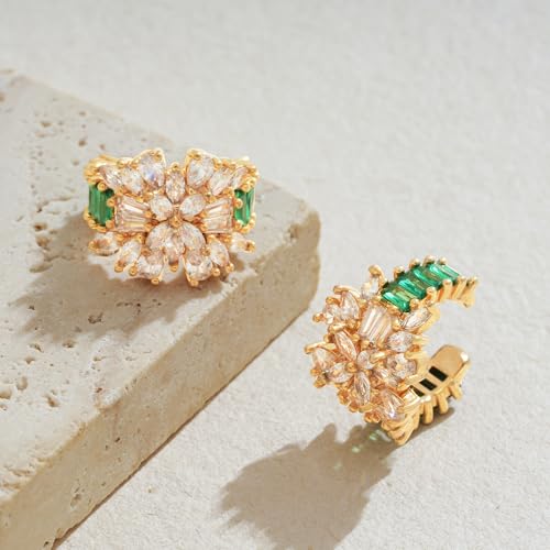 MTMY Gold Ear Cuff Earring for Women 14K Gold Plated Cubic Zirconia Non-Pierced Clip on Cartilage Chunky Ear Cuffs Hypoallergenic Jewelry - style: flower / pair
