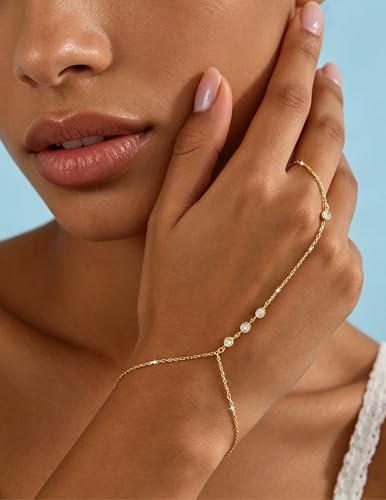 YEEZII Gold Hand Chain Bracelets for Women, 2 Pcs 14k Gold Plated Cubic Zirconia Link Chain Bracelet Set, Trendy ring bracelet hand chain Jewelry for Her - color: Gold-A