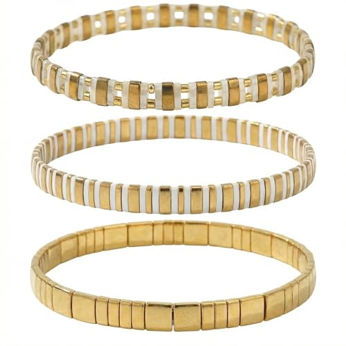 Tila Flat Square Stack Beaded Bracelets Set for Women Men, Boho 3Pcs Romantic Handmade Healing Gold Colorful Stretch Accessories Jewelry, Daily Vacation Party Holiday Friendship Gift - color: Different Gold