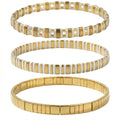Tila Flat Square Stack Beaded Bracelets Set for Women Men, Boho 3Pcs Romantic Handmade Healing Gold Colorful Stretch Accessories Jewelry, Daily Vacation Party Holiday Friendship Gift - color: Different Gold