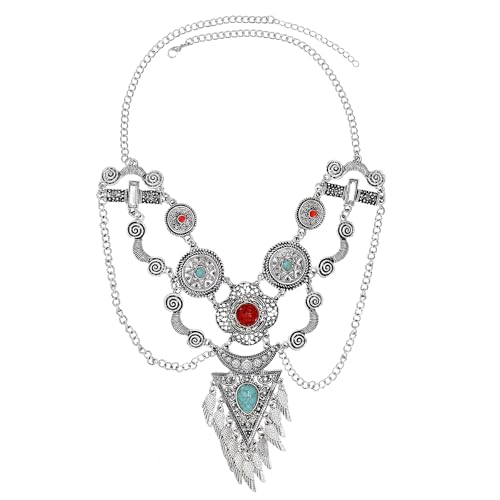 Bethynas Bohemian Ethnic Tribal Chunky Necklace Multilayer Long Tassel Turquoise Statement Neck Chain Retro Coin Gemstone Exaggerated Costume Accessories for Women - color: B-Silver