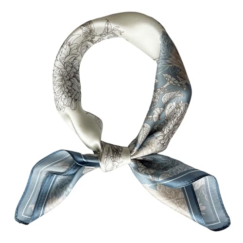 FONYVE 100% Mulberry Silk Scarfs for Women-Lightweight Square Satin Head Scarf-Small Silk Hair Scarf for Sleeping 21"x21" - color: 12 Blue Chrysanthemum