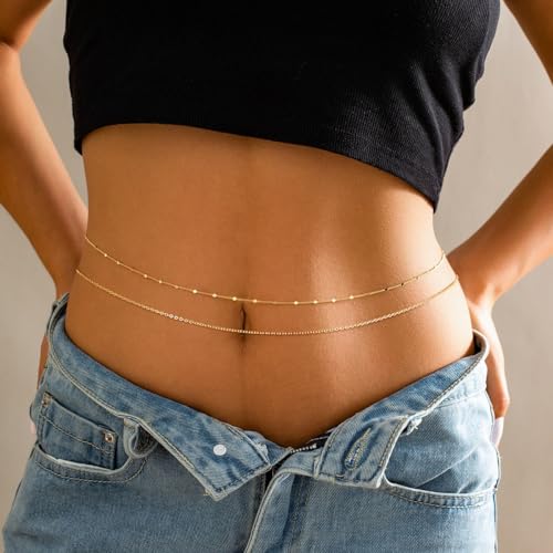 CHESKY 14K Gold Plated Silver Plated Waist Chain for Women, Layered Belly Belt Chains Beach Waist Beads Chain Waterproof Snake Cuban Body Chain Summer Jewelry Accessories for Women - style: thinchain-gd
