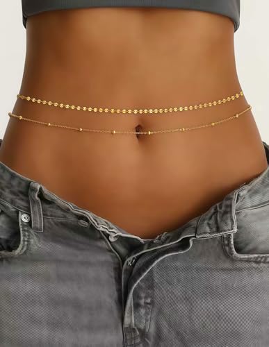 Akeoqi 2Pcs Waist Chain 18K Gold Plated Belly Belt Chains Sexy Layered Summer Beach Bikini Body Chain Satellite Beaded Pearl Coin Beads Wave Belly Jewelry Accessories for Women Adjustable - style: Coin