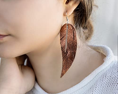Black shiny Leather Feather Earrings for Women, Lightweight Minimal Boho Dangle Earrings, Small Simple Everyday Jewelry - color: Brown metallic