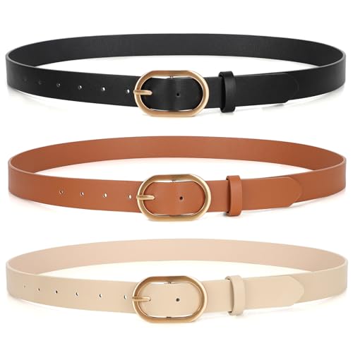 XZQTIVE 3 Pack Plus Size Women's Leather Belts for Jeans Pants Dress Fashion Gold Buckle Ladies Waist Belt - color: A-black+brown+beige(gold Buckle), size: X-Large: fits waist from 42"-47"