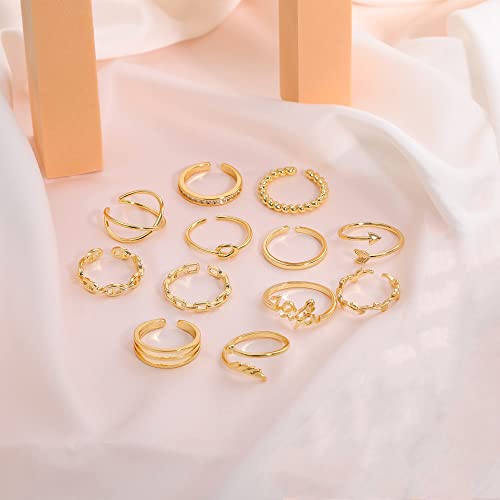 Honsny 12PCS Silver Plated Rings Adjustable Open Rings for Women Cute Gold Plated Stackable Thumb Rings Joint Chain Midi FingerArrow Knot Wave Band Rings Set - color: Gold 12pcs