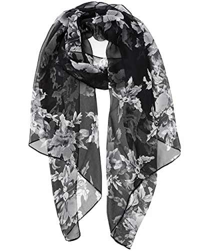 YOUR SMILE Ladies/Women's Lightweight Floral Print/Solid Color mixture Shawl Scarf For Spring Summer season - color: Black White Flower