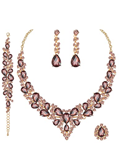 CSY 4 Pcs/Set Austrian Crystal Necklace Earrings Bracelet Ring Bridal Jewelry Sets for Brides Wedding Party Costume Accessories Gifts for Women - color: 02-gold plated-amethyst