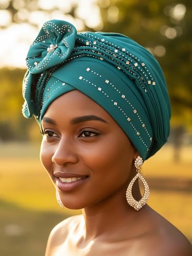 Woeoe Beanie Cap Head Wrap Black Rhinestones Head Scarf Flower Pearls Twisted Head Turban for Women Girls - color: Teal Color
