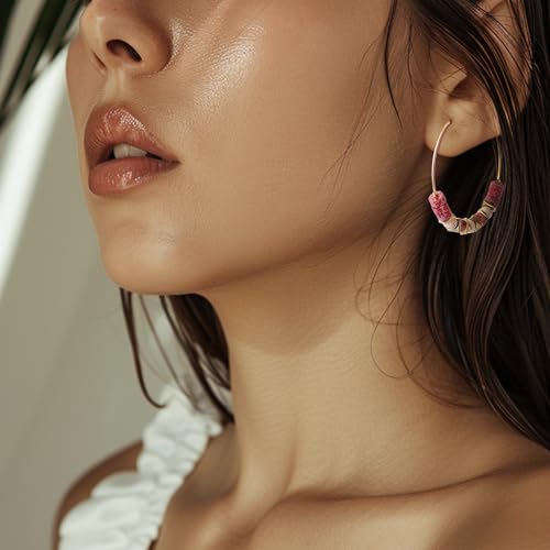 Natural Stone Beaded Hoop Earrings for Women, Boho Handmade Lightweight Hypoallergenic Trendy Summer Beach Accessories Fashion Jewelry Gift - color: red