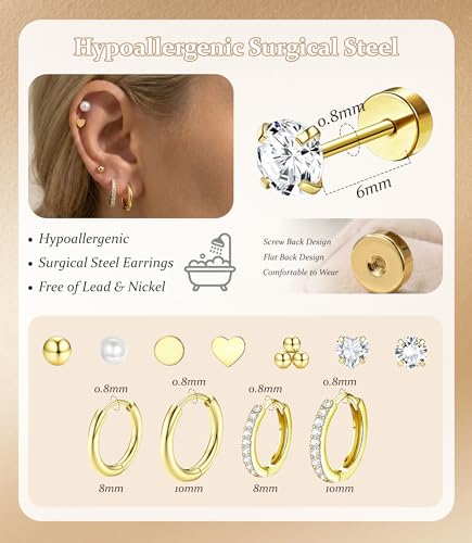 Incaton Hypoallergenic Flat Back Earrings for Women Silver 14K Gold Plated Surgical Stainless Steel Stud Earrings Cubic Zirconia Cartilage Studs Earrings For Multiple Piercing Sensitive Ears - color: E-Gold