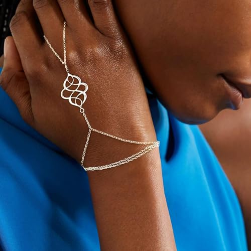 925 Sterling Silver Hand Chain Boho Finger Ring Bracelet for Women Dainty Adjustable Floral Layered Chain Slave Bracelets, Sterling Silver Durable Waterproof Summer Beach Vocation Finger Ring Jewelry
