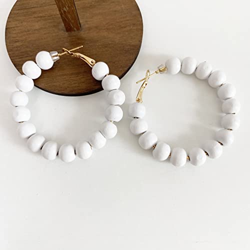 Handmade Nature Wooden Beaded Hoop Earrings Bohemian Minimalist Colorful Circle Round Wood Bead Earrings Vintage Chic Wooden Ethnic Dangle Drop Earrings for Women Statement Jewelry Gifts - color: White