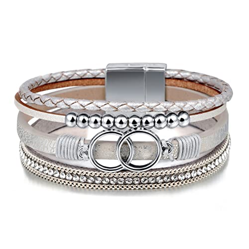 Fesciory Leopard Bracelet for Women, Boho Leather Wrap Multi-Layer Pearl Crystal Bracelet Bangle Jewelry - style: Double Circle(Silver)