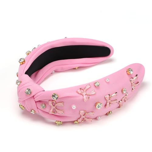 WantGor Pearl Knotted Headband, Women Rhinestone Embellished Hairband Elegant Wide Top Knot Bride Headbands Headpieces Party Fashion Elegant Ladies Hair Band Hair Hoop Accessories (Pink Bow) - color: Pink Bow