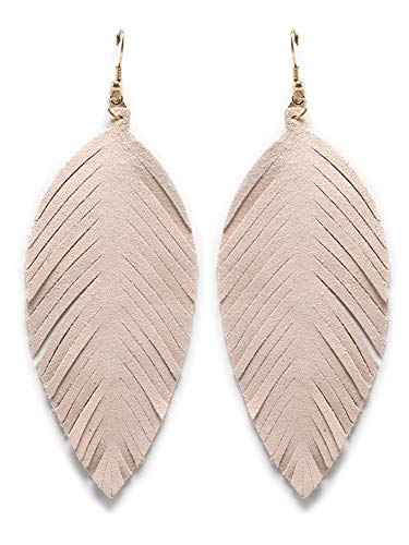 Large Genuine Soft Leather Handmade Fringe Feather Lightweight Tear Drop Dangle Color Earrings for Women Girls Fashion - color: Beige