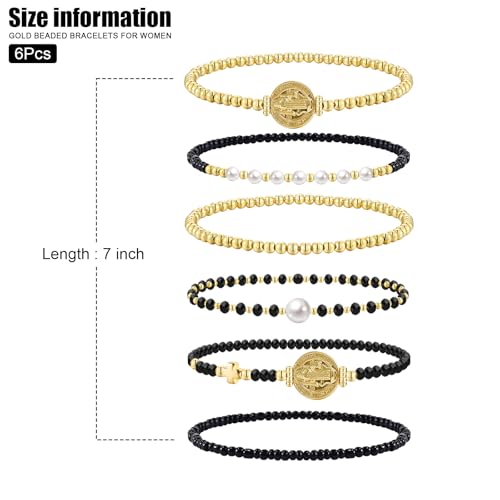 VIBILIA Gold Beaded Bracelets Set for Women 14K Gold Plated Dainty Pearl Cross Bracelet Stack Stretch Bracelet Set Fashion Accessories Gifts - color: 6P-6146K2-Black