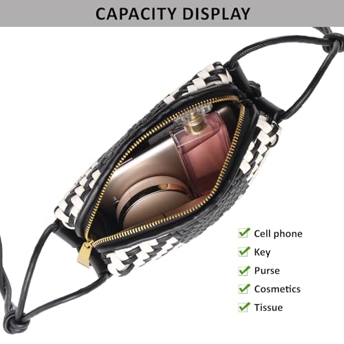 Woven Crossbody Bags for Women Handwoven Purses Vegan Leather Small Handbag Handmade Shoulderbag | Lightweight - color: Black and White