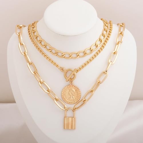 Gold Stack Necklace Chunky Necklaces for Women Trendy Coin Pendant Long Necklaces Western Jewelry for Women Cowgirl Cowboy Chic Country Outfit Boho Accessories Birthday Jewelry Gifts - color: B1: Gold Lock Necklace Stack