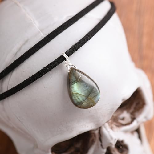 RareLove Black Leather Layering Choker Necklace for Women 925 Sterling Silver Teardrop Labradorite Stone Pendant Healing Crystal Necklace Gothic Boho Anxiety Jewelry