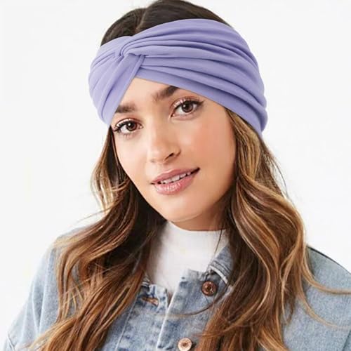 AQOKKA Extra Wide Headbands for Women Large Turban Headband Non Slip Boho Elastic Hairband Hair Twisted Knot Head Bands Accessories - color: 4 Pcs Solid: Light Purple, Pink, Grass Green, Khaki