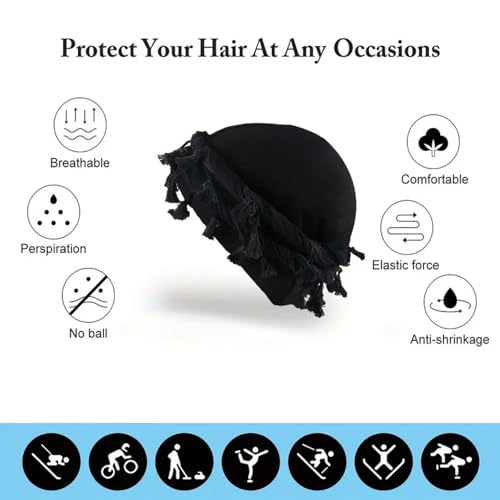 Gturytr Turban for Men Vintage Twist Head Wraps Durag Satin Lined Halo Turban for Women Modal and Satin Scarf Tie - color: Black With Colorful Tassel