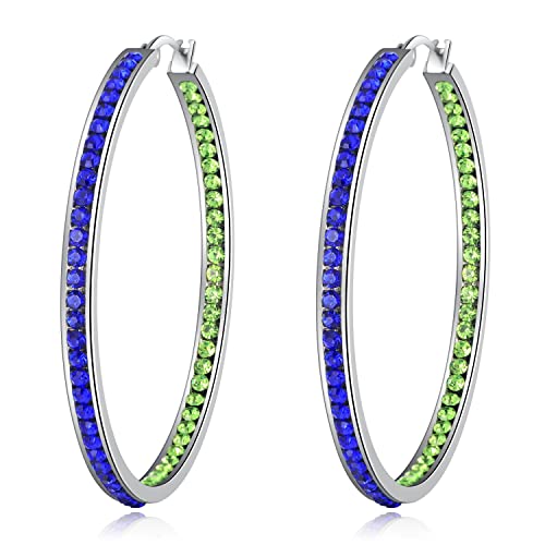CiNily Mult-colors Crystal Stainless Steel Hoop Earring for Women Hypoallergenic Jewelry for Sensitive Ears Large Big Hoop Earrings 2" - color: Blue and Green