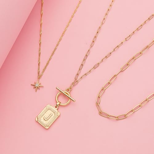 Paxuan Dainty Gold 3-Layer Personalized Initial Necklace for Women - 18K Gold Layered Letter Pendant Necklace Adjustble Paperclip Chain Choker Necklace Jewelry Gifts with Star Charm - style: Letter J