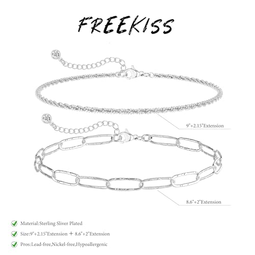 Freekiss Sterling Silver Ankle Bracelets for Women: Dainty Layered Waterproof Anklet for Women Adjustable Womens Anklet Set Stackable Figaro Beaded Cuban Link Anklets Beach Jewelry for Women - color: 2 Layered Anklet Paperclip-SL