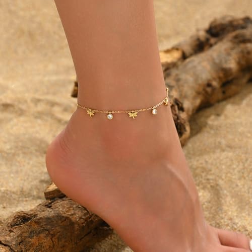 Gold Ankle Bracelets for Women 18K Gold Plated Waterproof Starfish Sea Shell Pearls CZ Diamond Dangle Anklets Trendy Summer Beach Foot Chain Jewelry Gift - style: Dragonfly CZ Drop-Gold