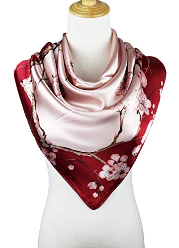 vabovin Satin Head Scarf for Women Silk Like Hair Scarf, 35 x 35 in | Silk Feel Fabric, Hair Wrap for Sleeping, Headscarf and Neck Scarf, Square Bandana Style, Fashion Accessory - color: 042 Wine Pink Plum Blossom