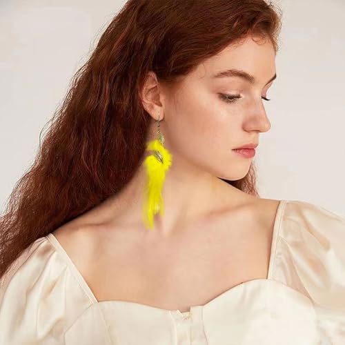 Feather Earrings for Women Bohemian Fringe Tassel Long Drop Dangle Earrings Lightweight Boho Statement earrings - color: yellow