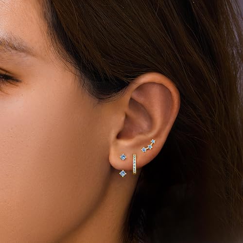 3 Pairs Dainty Small 4th of July Earrings for Women Trendy, Birthstone Stud Huggie Hoop Jacket Stack for Cartilage Helix, Gold Plated Hypoallergenic Cute Women Fashion Accessories Western Jewelry Gifts - color: 12Blue Created Topaz-Dec (Gold)