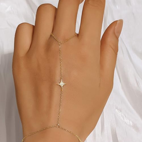 925 Sterling Silver Hand Chain Bracelet for Women,Non Tarnish 14k Gold Plated CZ Crystal Heart Starburst Ring Bracelets Hand Chain Dainty Diamond Layered Stackable Link Chain Beach Waterproof Graduation Wedding Gifts - color: GoldA